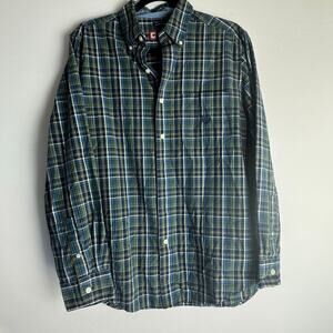 Chaps Mens Long Sleeve Button Down Plaid Shirt Medium Green Blue‎ Casual Cotton